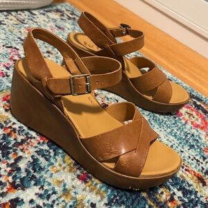 Korks by Kork-Ease Brown Leather Wedge Sandals with Ankle Buckle